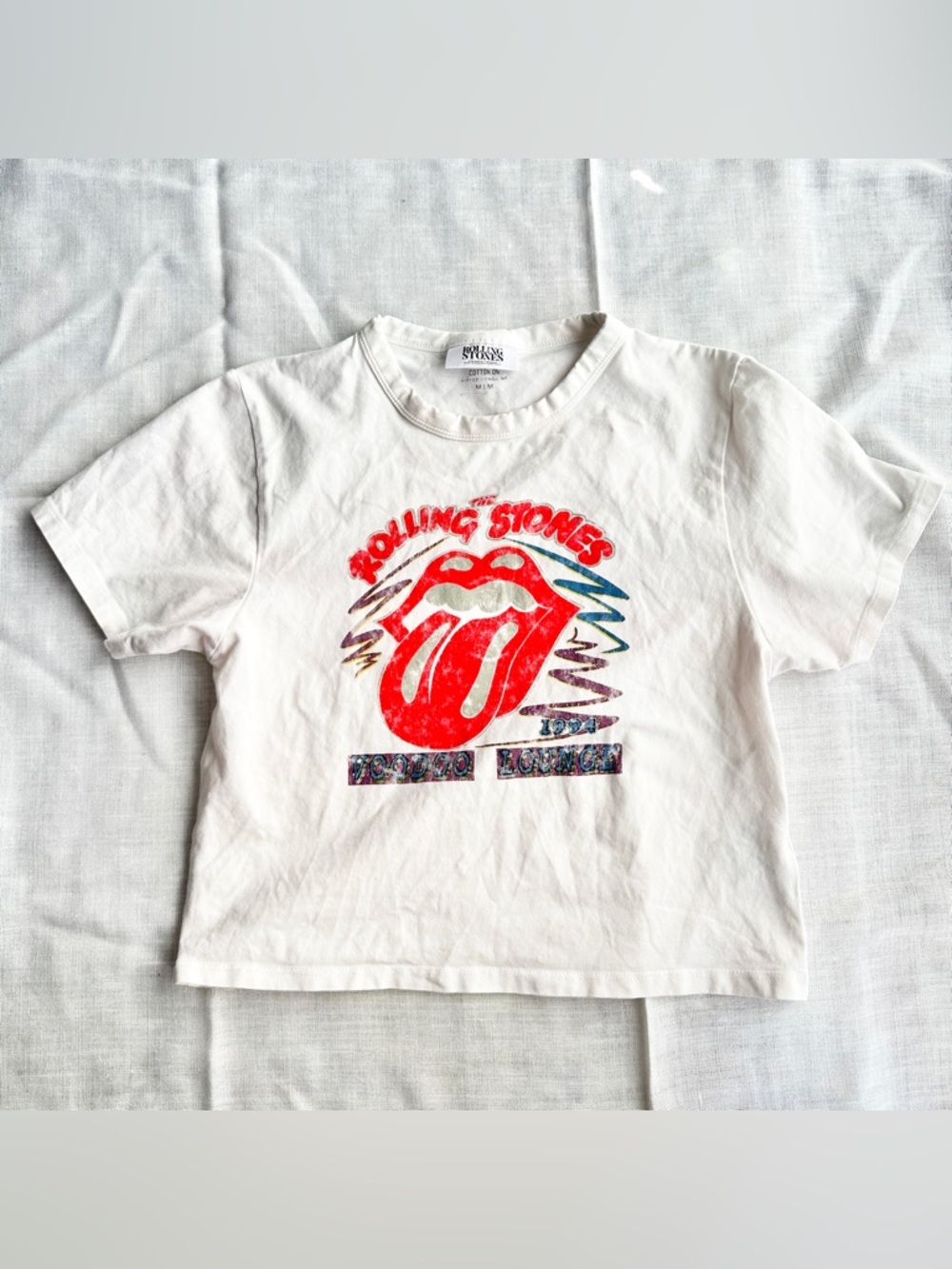 Cotton On Rolling Stones white graphic crop top, size medium